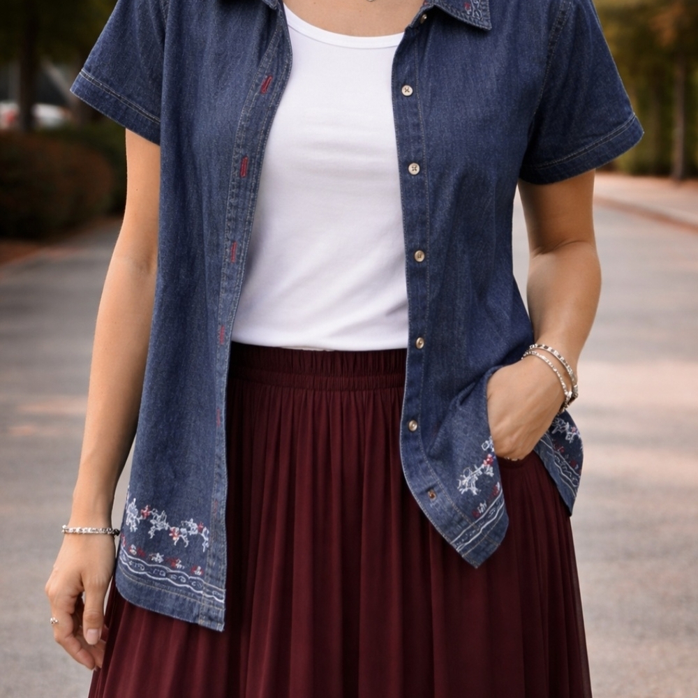 Koret City Blues Women's 18W Denim Embroidered Short Sleeve Button-down Shirt